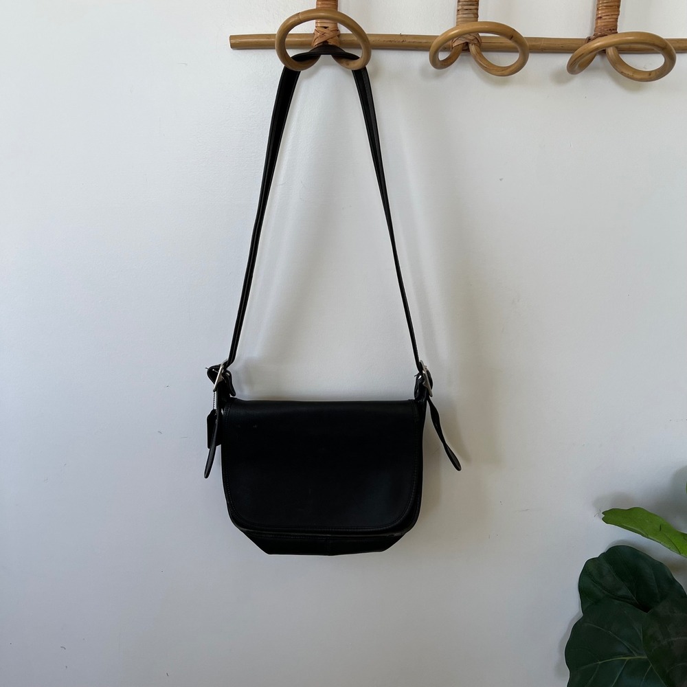 Coach Vintage Black Leather Crossbody Flap Bag Silver Hardware Minimalist
